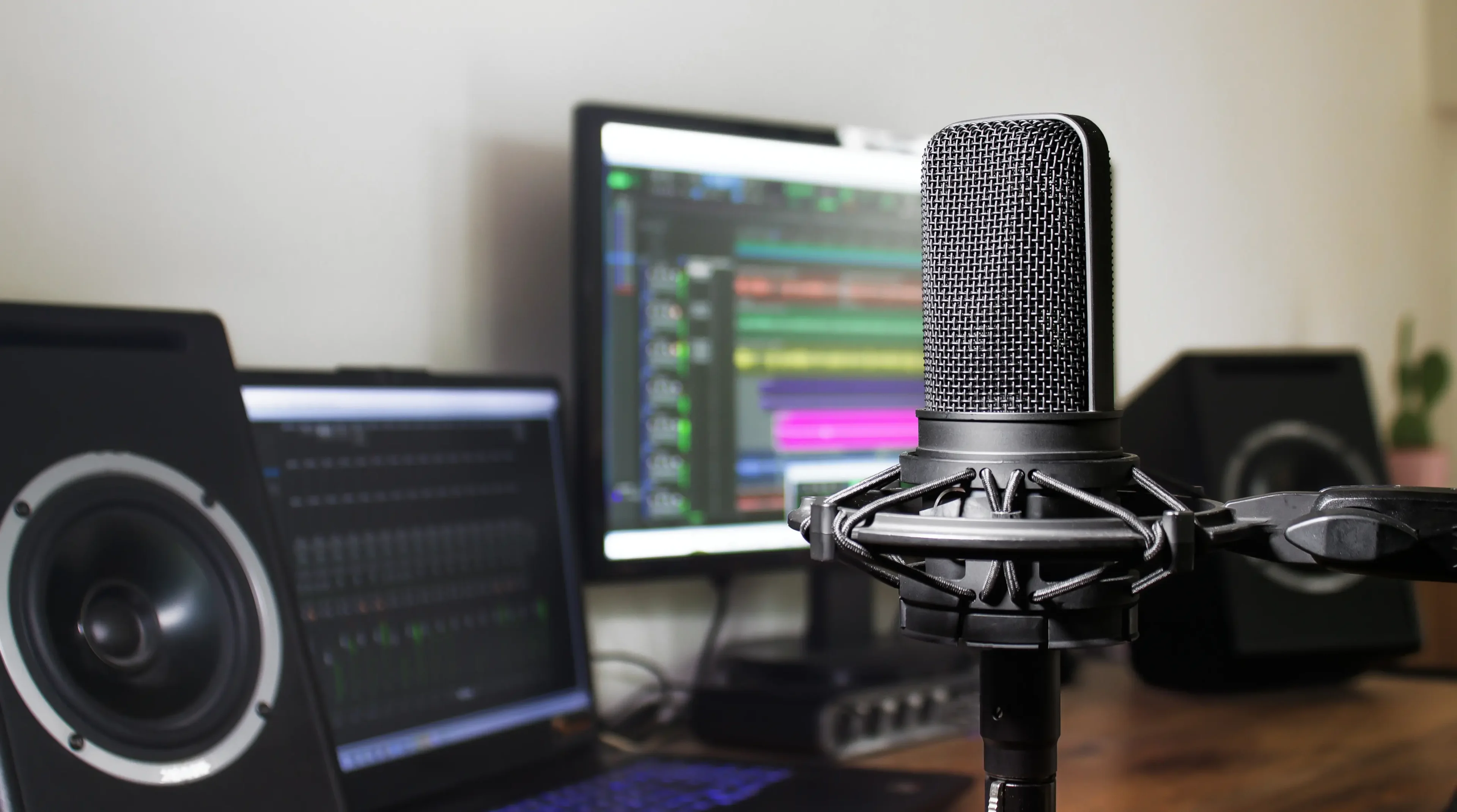 Microphone setup with computer and speakers.