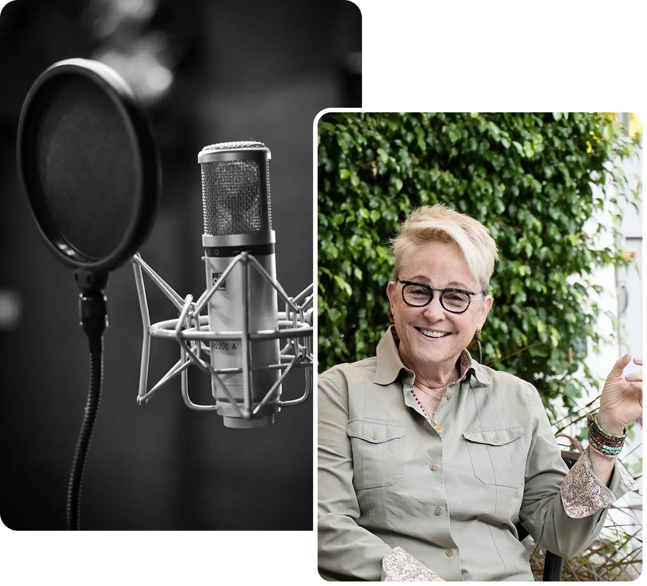 Microphone and smiling person outdoors.